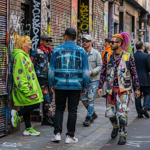 Diverse individuals in unique streetwear showcasing wearable art in an urban setting