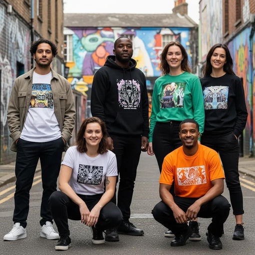 Diverse individuals wearing eco-conscious street art apparel against colorful Bristol murals