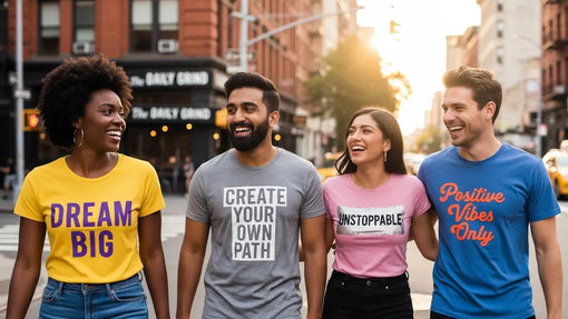 Diverse individuals wearing motivational graphic tees in an urban setting, showcasing self-expression and empowerment
