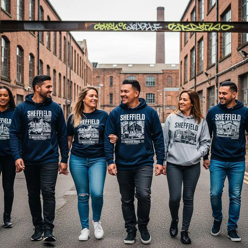 Diverse individuals wearing Sheffield industrial heritage apparel in an urban setting, showcasing local pride and community.