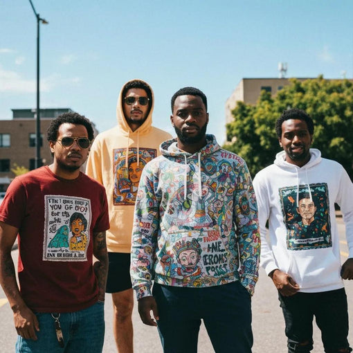 Diverse men in unique artistic clothing with positive affirmations in an urban setting
