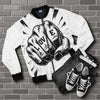 White bomber jacket with a fist graphic and the word 