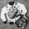 White bomber jacket with a fist graphic and the word 