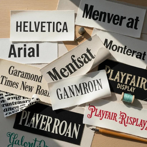 Flat lay of fabric swatches displaying different font styles for t-shirt typography, illustrating the best font choices for impactful designs.