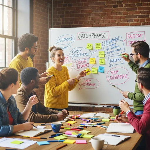 Group of diverse individuals brainstorming catchphrases in a creative workspace