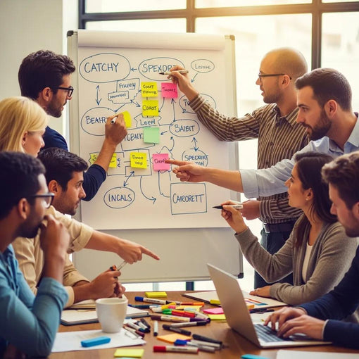 Group of diverse individuals brainstorming catchy phrases in a creative workspace