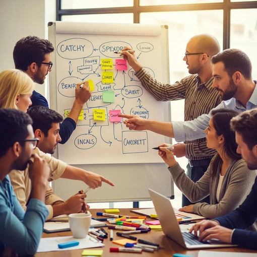 Group of diverse individuals brainstorming catchy phrases in a creative workspace