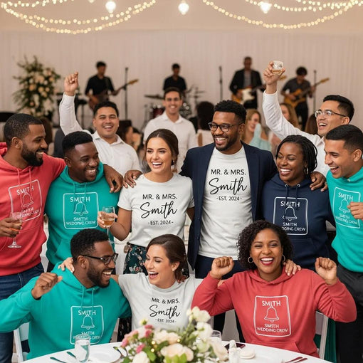 Group of people in custom apparel celebrating at an event, highlighting unity and personalized designs