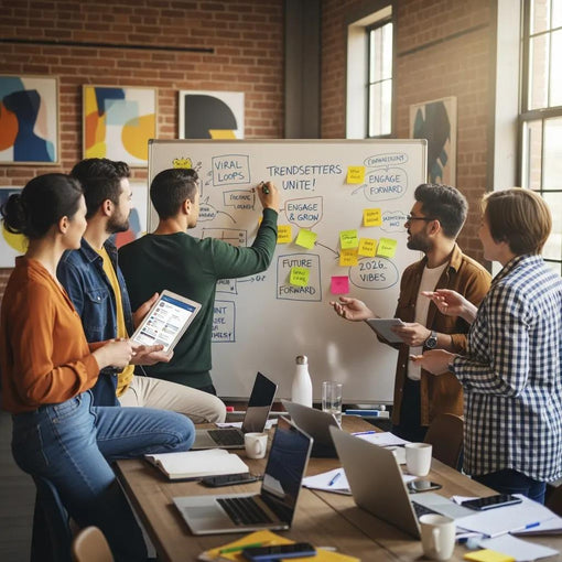 Group of young adults brainstorming catchy phrases in a creative workspace