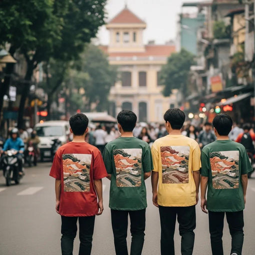 Hanoi youth in streetwear showcasing Red River Rhyme aesthetic with poetic designs and Old Quarter backdrop