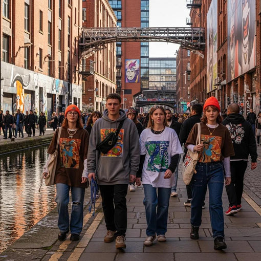 Manchester street scene with people in industrial chic streetwear, highlighting unique graphic tees and hoodies