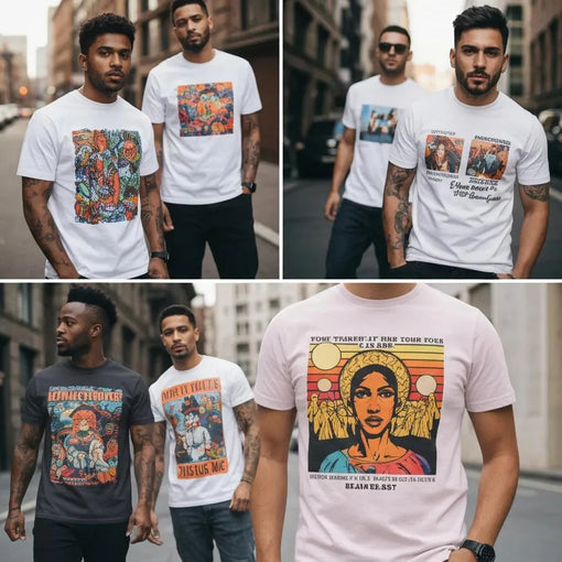 Men wearing unique graphic tees in an urban setting, showcasing artistic and retro designs