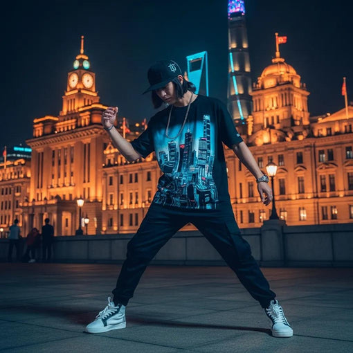 Model in futuristic Shanghai skyline graphic tee against The Bund's neon-lit architecture