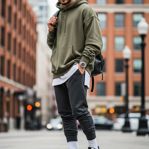 Model showcasing oversized silhouettes in urban fashion, highlighting comfort and style