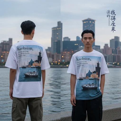 Model wearing Kaohsiung-inspired graphic tee by the Love River at dusk, showcasing harbor motifs