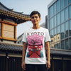 Model wearing Kyoto-inspired graphic tee in urban setting, blending traditional and modern aesthetics