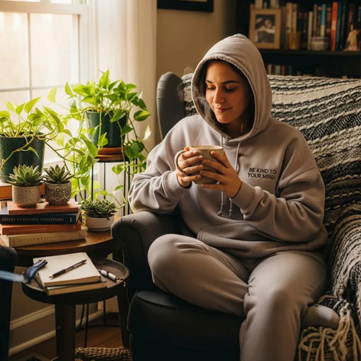 A person relaxing at home in soft, comfy clothing, illustrating how fabric and fit support wellbeing