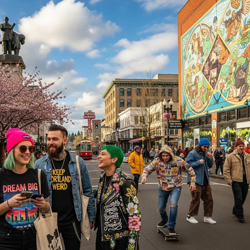 Portland streetwear scene with diverse individuals in trendy outfits against an urban backdrop