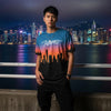 Stylish model wearing Hong Kong skyline graphic tee against Victoria Harbour backdrop