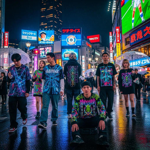 Tokyo street scene with people in neon-inspired streetwear, highlighting urban fashion and vibrant city life