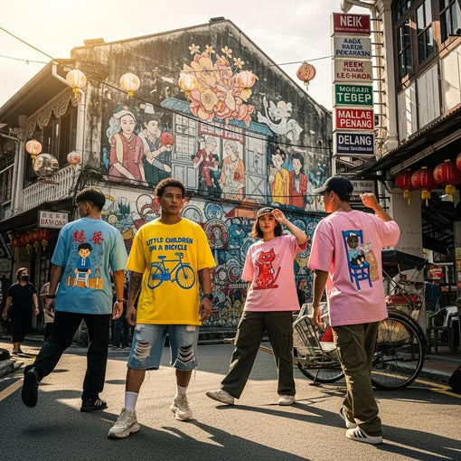 Vibrant street scene in Penang with young adults wearing colorful graphic tees inspired by local street art