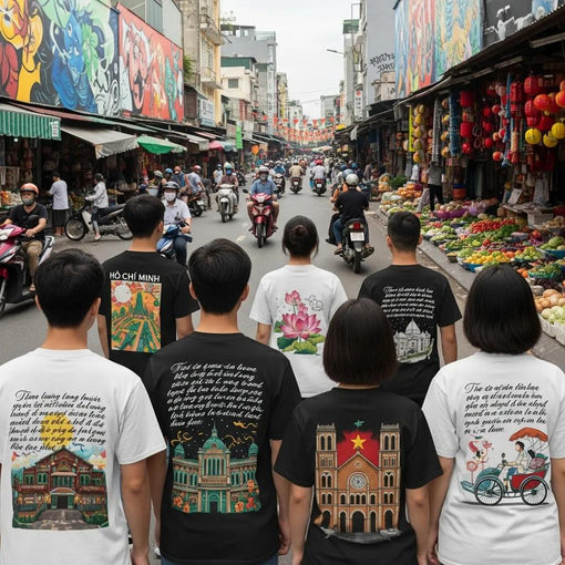 Young individuals in Ho Chi Minh City wearing poetic graphic tees against a backdrop of vibrant street art and market stalls
