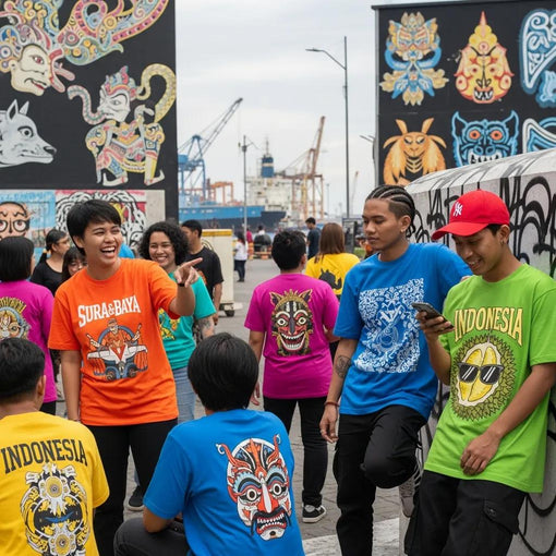 Youth in Surabaya wearing colorful graphic tees against a backdrop of street art and harbor elements, representing Indonesian streetwear culture.