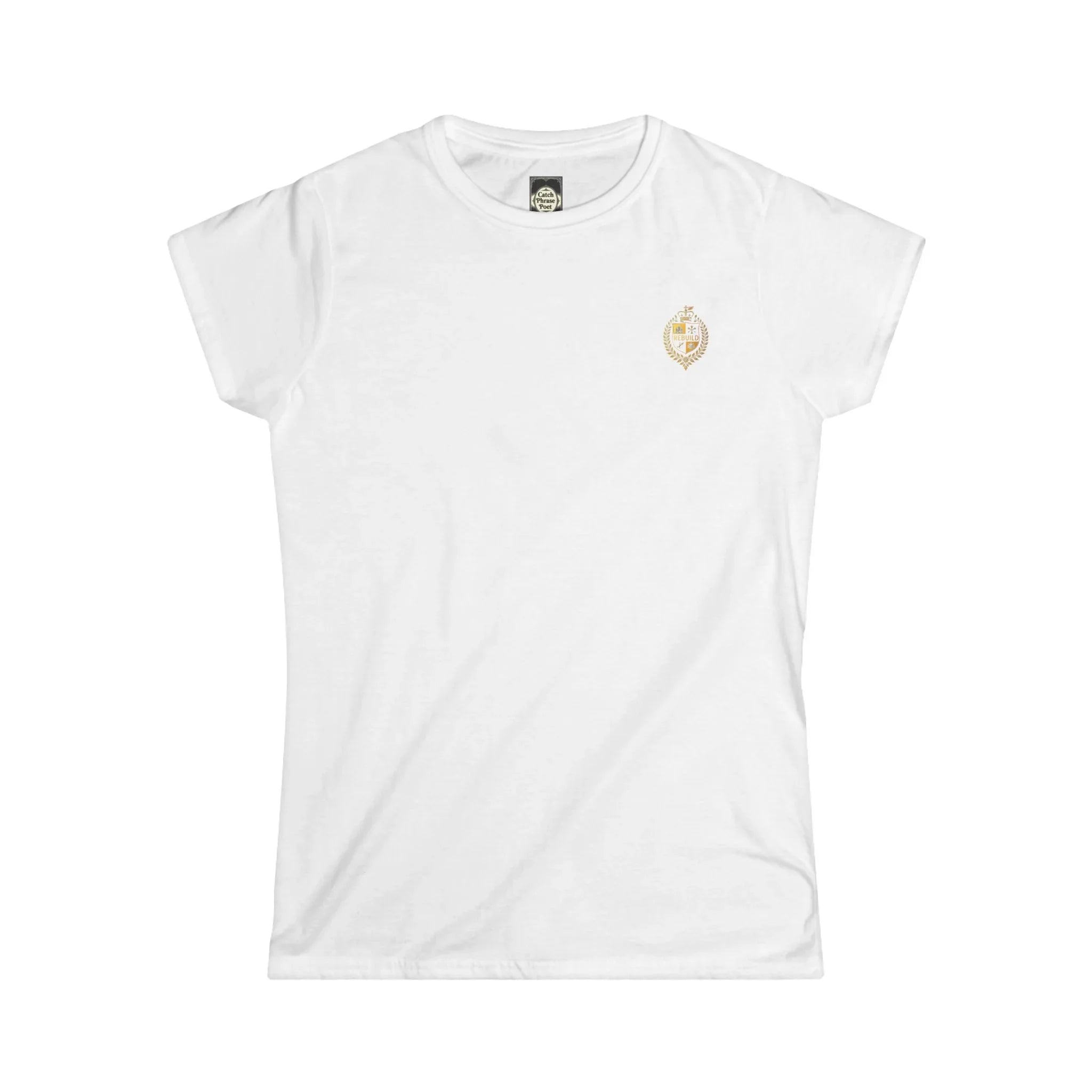 White women's t-shirt with small minimalist emblem and short sleeves, laid flat.