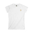 White women's t-shirt with small minimalist emblem and short sleeves, laid flat.