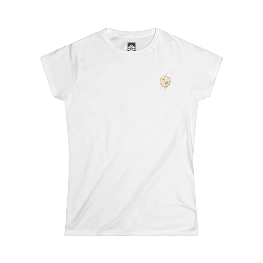 White women's t-shirt with small minimalist emblem and short sleeves, laid flat.