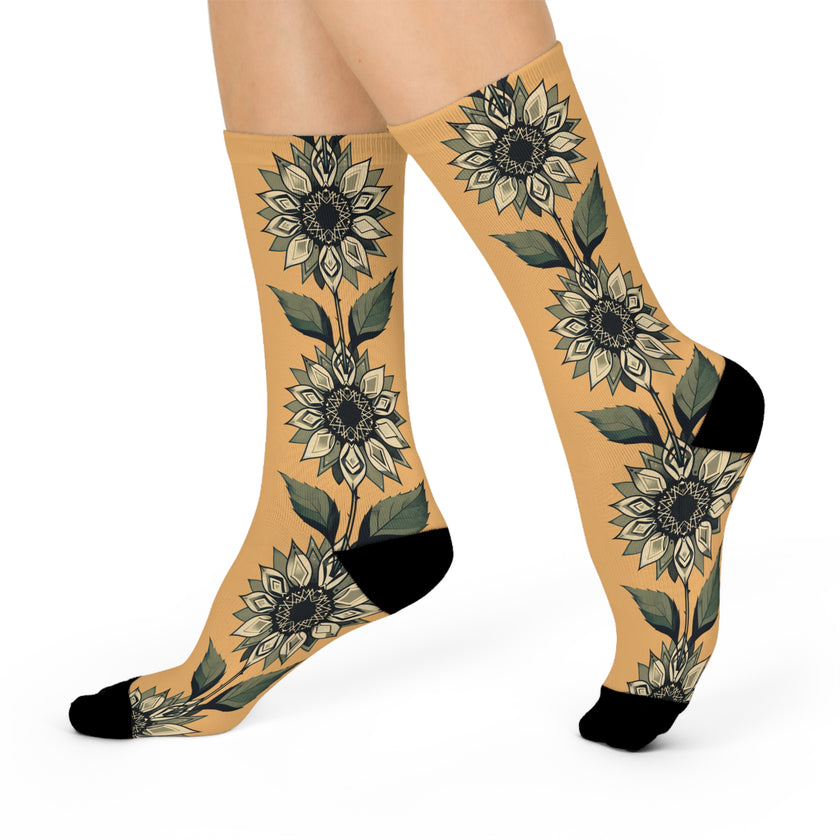 Vintage Sunflower Vine Cushioned Crew Socks | Floral Botanical Pattern