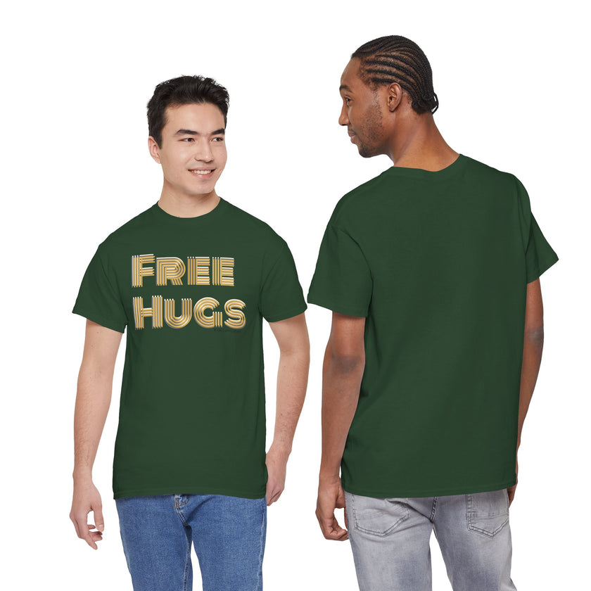 Free Hugs Tee | Retro Gold Stripe Text, Casual Comfort Shirt Smile Everyone
