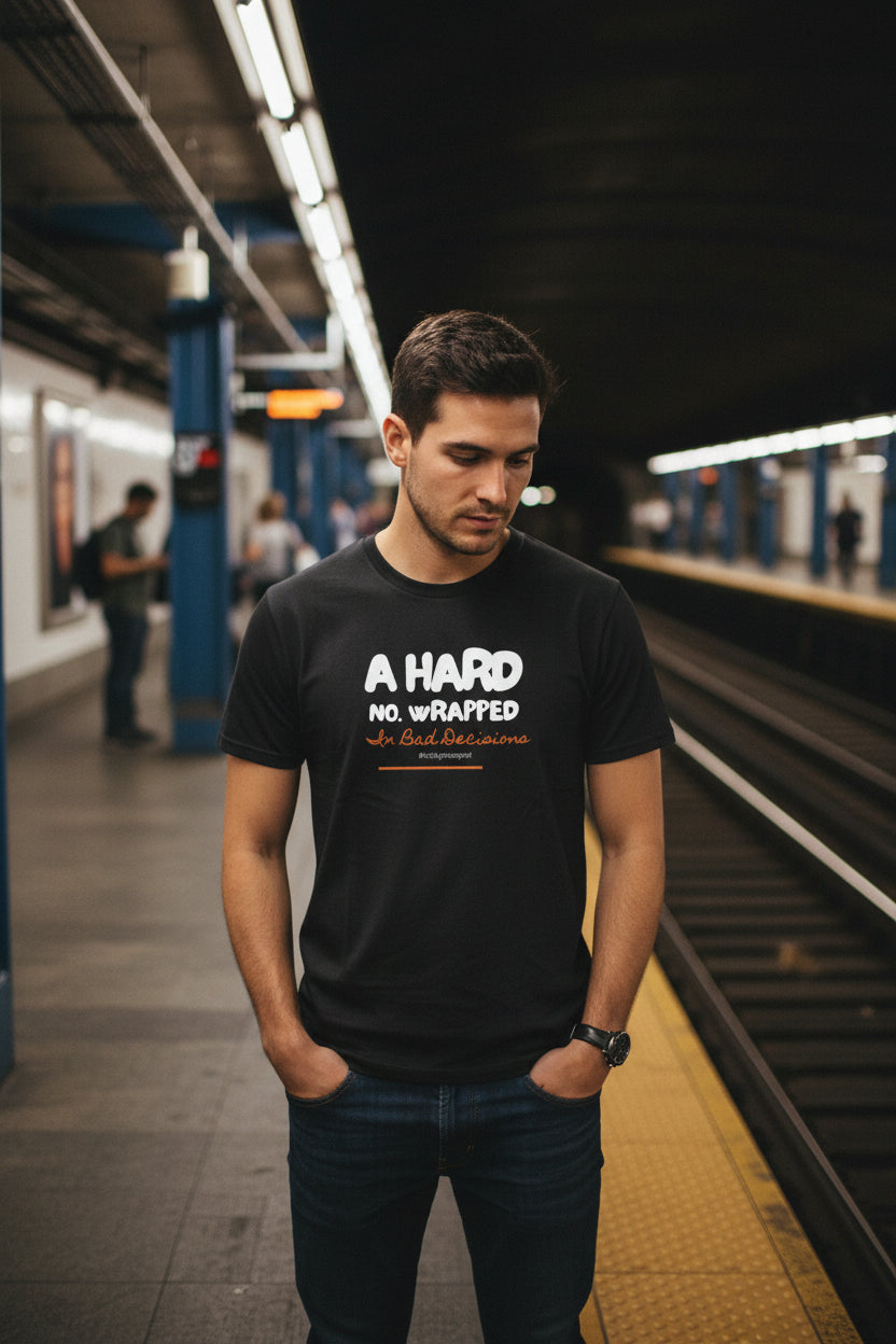 Black graphic t-shirt with white and orange text saying 'A HARD NO. WRAPPED In Bad Decisions'
