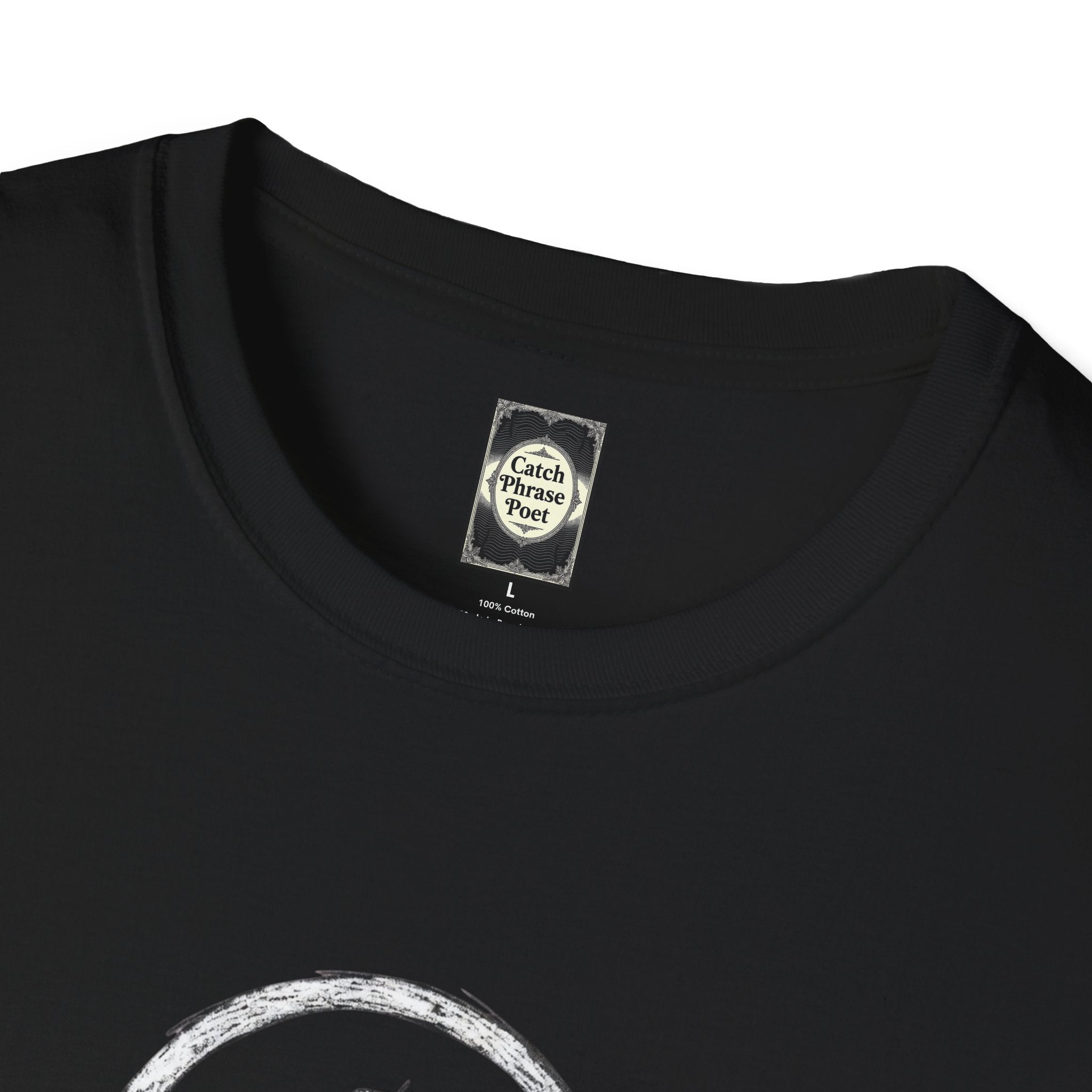 Close-up of black cotton t-shirt collar with Catch Phrase Poet label and white graphic accent