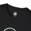 Close-up of black cotton t-shirt collar with Catch Phrase Poet label and white graphic accent