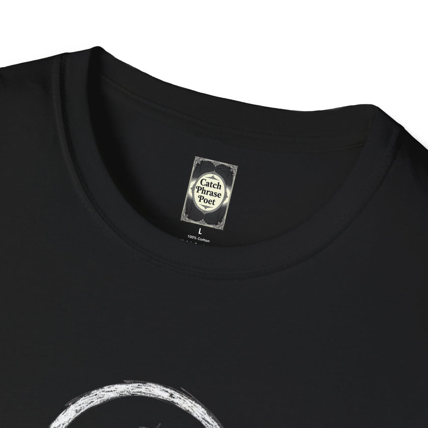 Close-up of black cotton t-shirt collar with Catch Phrase Poet label and white graphic accent