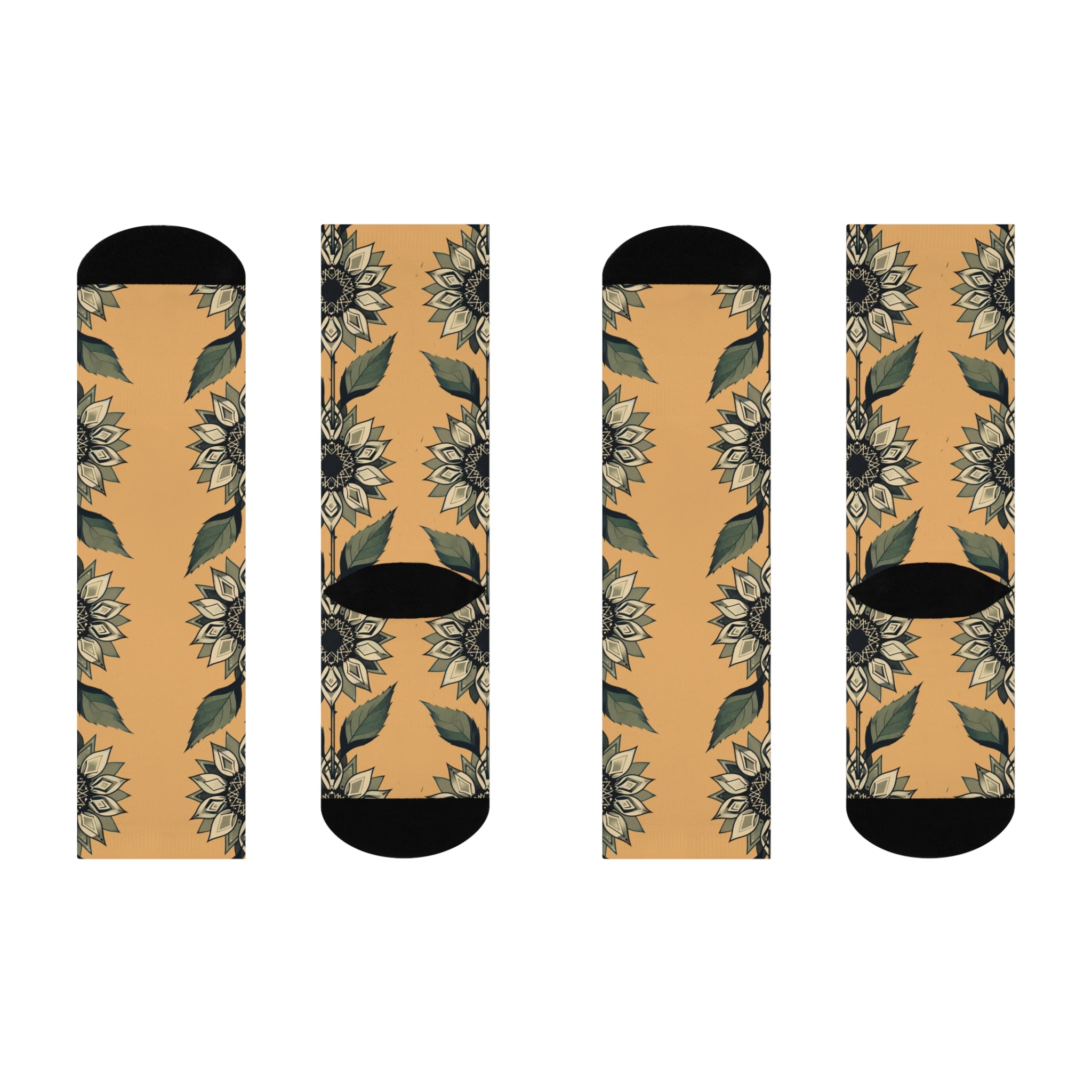 Vintage Sunflower Vine Cushioned Crew Socks | Floral Botanical Pattern