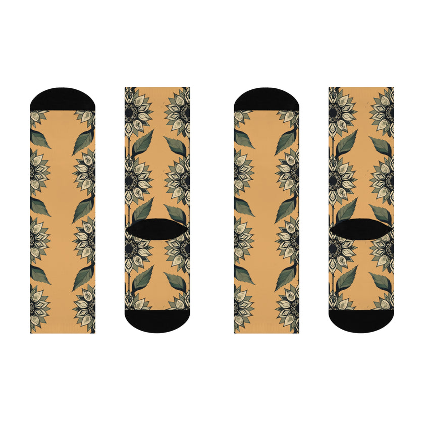 Vintage Sunflower Vine Cushioned Crew Socks | Floral Botanical Pattern