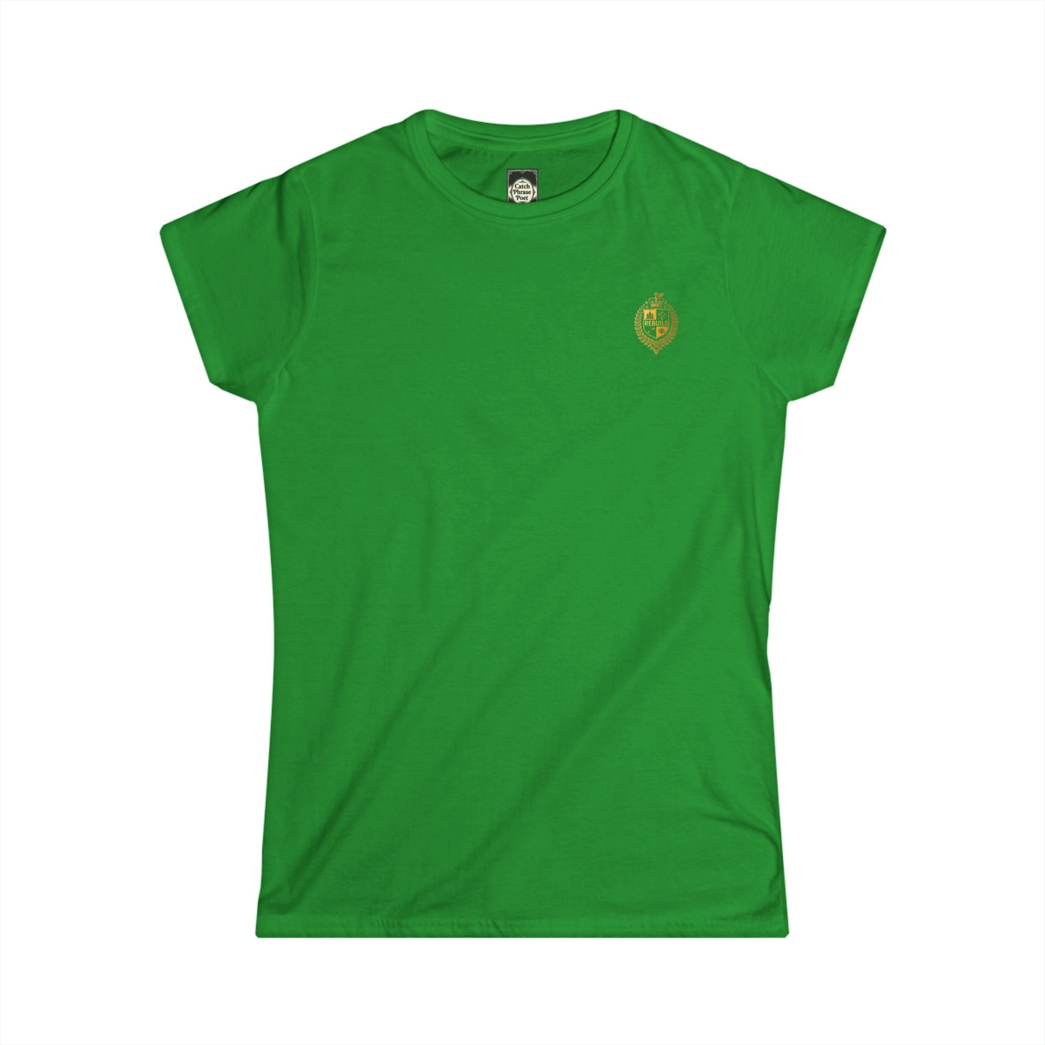 Green women's t-shirt with small embroidered crest on left chest, short sleeves