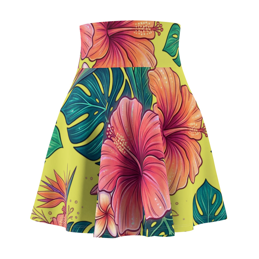 Tropical hibiscus skater skirt, floral yellow all-over print, front view — Catch Phrase Poet