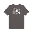 Charcoal gray t-shirt with 'Still Waiting for the Plot Twist' text and hourglass graphic on back.