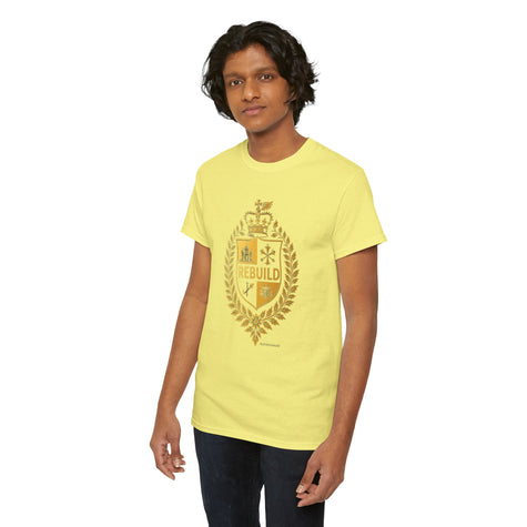 Person wearing yellow graphic t-shirt with crest and 'REBUILD' text, casual fashion