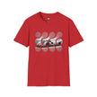 Red graphic t-shirt with abstract circles and racing car print on the chest