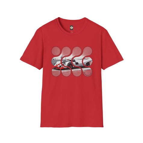 Red graphic t-shirt with abstract circles and racing car print on the chest