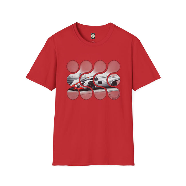 Red graphic t-shirt with abstract circles and racing car print on the chest
