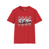 Red graphic t-shirt with abstract circles and racing car print on the chest
