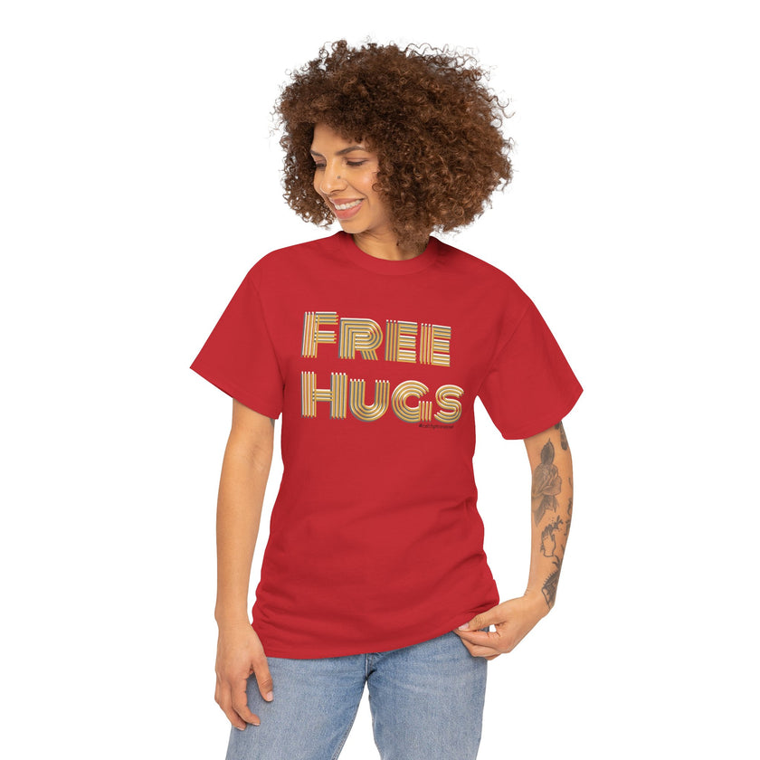 Free Hugs Tee | Retro Gold Stripe Text, Casual Comfort Shirt Smile Everyone