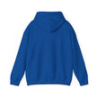 Back view of plain blue hooded sweatshirt on white background