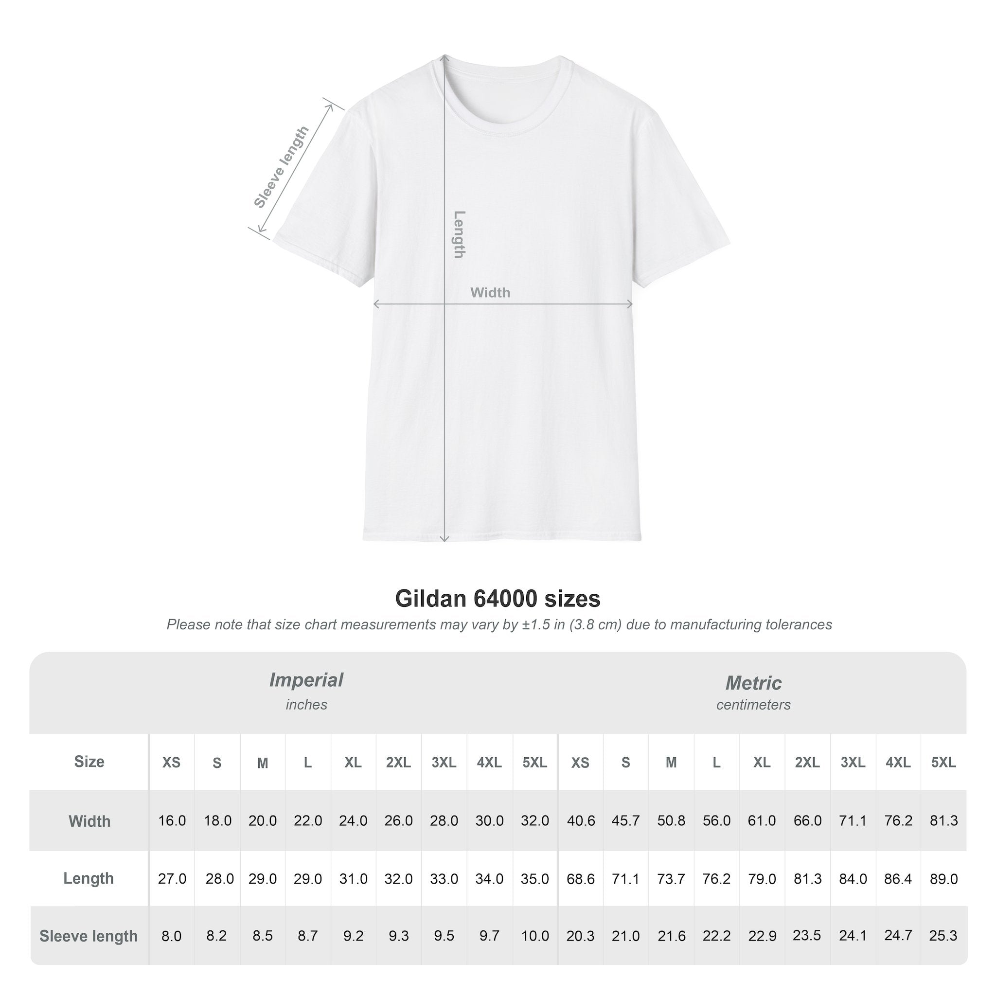 Gildan 64000 t-shirt size chart with width, length, and sleeve measurements in inches and cm