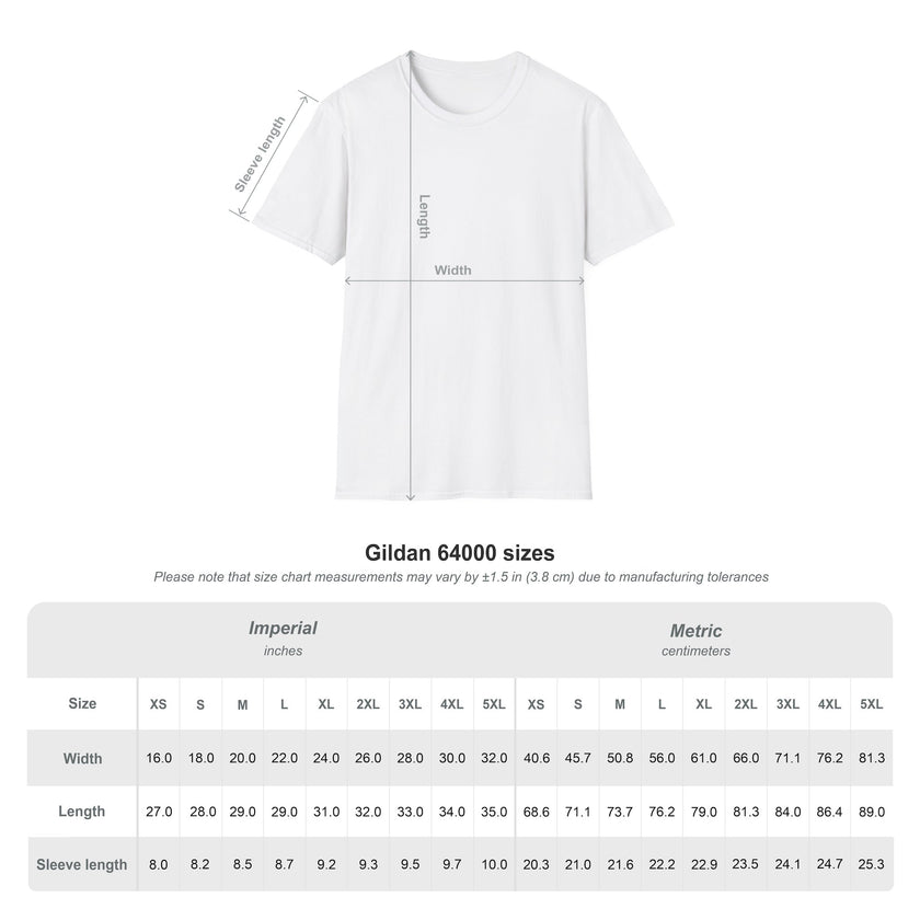 Gildan 64000 t-shirt size chart with width, length, and sleeve measurements in inches and cm
